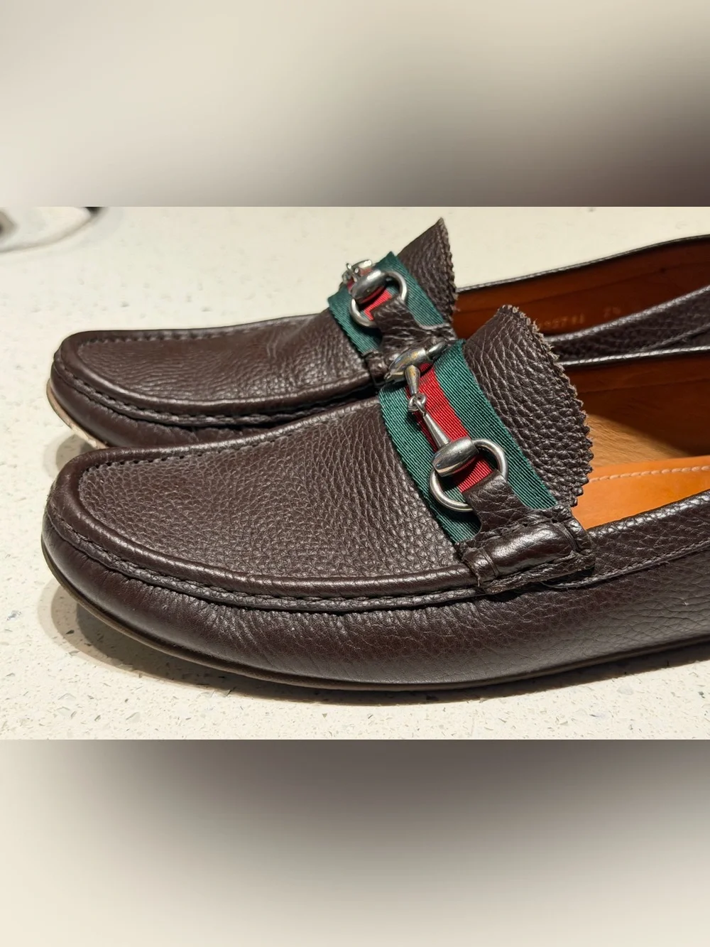 Gucci Dark Brown Pebbled Leather Bit Loafers with Green & Red Web